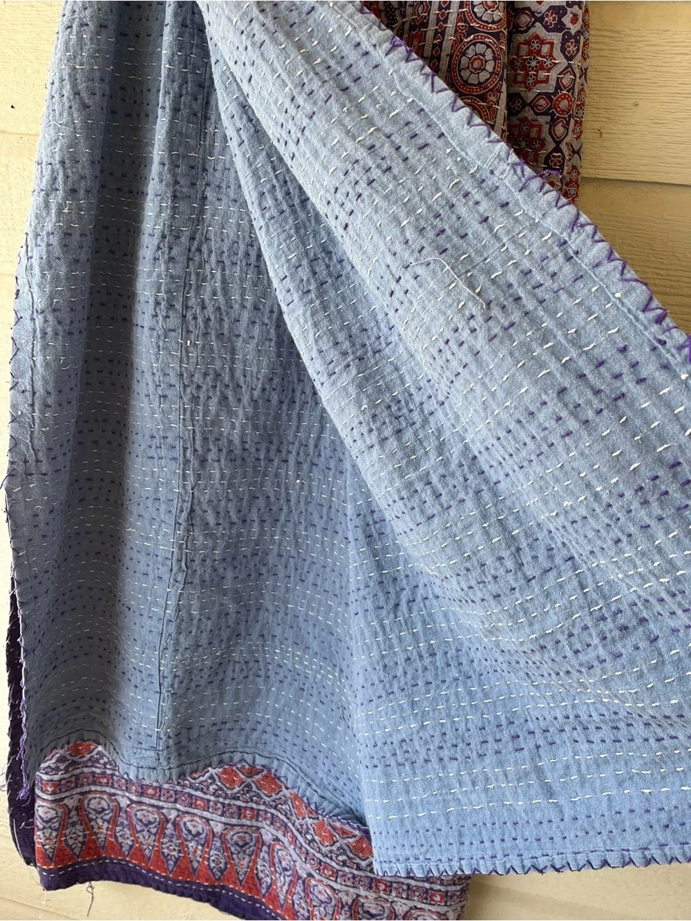 Vintage-Inspired Red & Blue Paisley Kantha Throw 100” x 87”